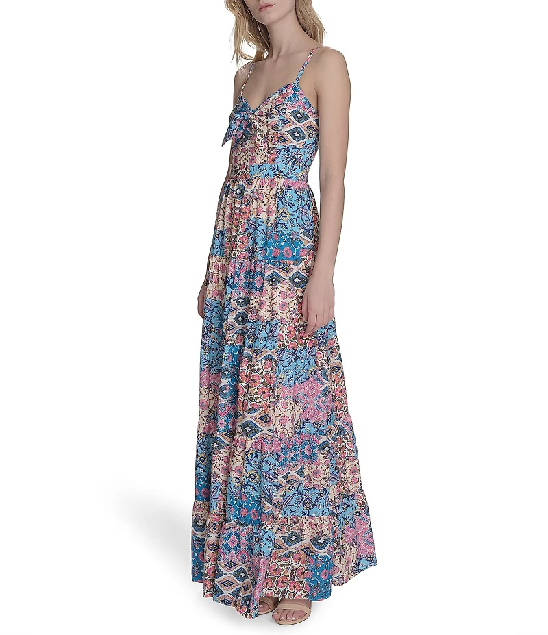 Eliza J Sweetheart Tie Front Patchwork Print Crepe De Chine Maxi Dress