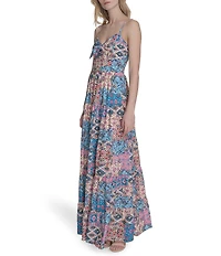 Eliza J Sweetheart Tie Front Patchwork Print Crepe De Chine Maxi Dress