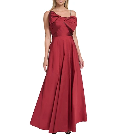 Eliza J Taffeta Asymmetrical Neckline Rhinestone Straps Bow Bodice A-Line Gown