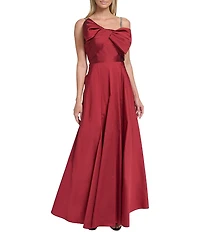 Eliza J Taffeta Asymmetrical Neckline Rhinestone Straps Bow Bodice A-Line Gown