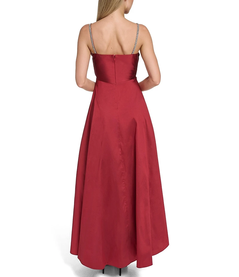 Eliza J Taffeta Asymmetrical Neckline Rhinestone Straps Bow Bodice A-Line Gown