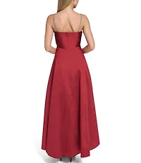 Eliza J Taffeta Asymmetrical Neckline Rhinestone Straps Bow Bodice A-Line Gown