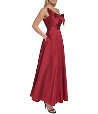 Eliza J Taffeta Asymmetrical Neckline Rhinestone Straps Bow Bodice A-Line Gown