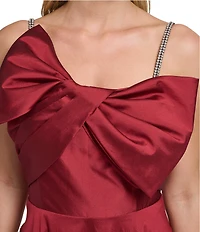 Eliza J Taffeta Asymmetrical Neckline Rhinestone Straps Bow Bodice A-Line Gown