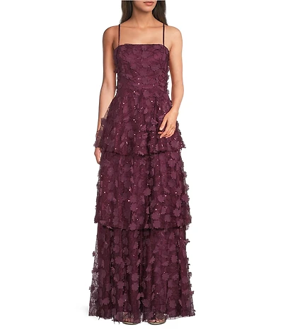 Eliza J Tiered Square Neck Floating Flowers Maxi Dress
