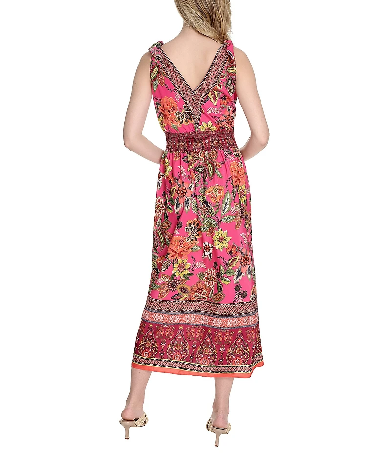 Eliza J V-neck Bow Shoulder Floral Print Smocked Waist Midi Dress