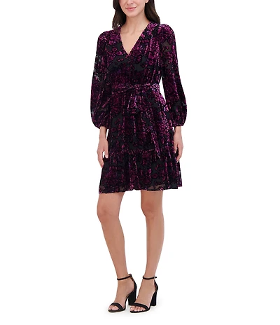 Eliza J V-Neck Burnout Velvet Ruffle Fit & Flare Mini Dress