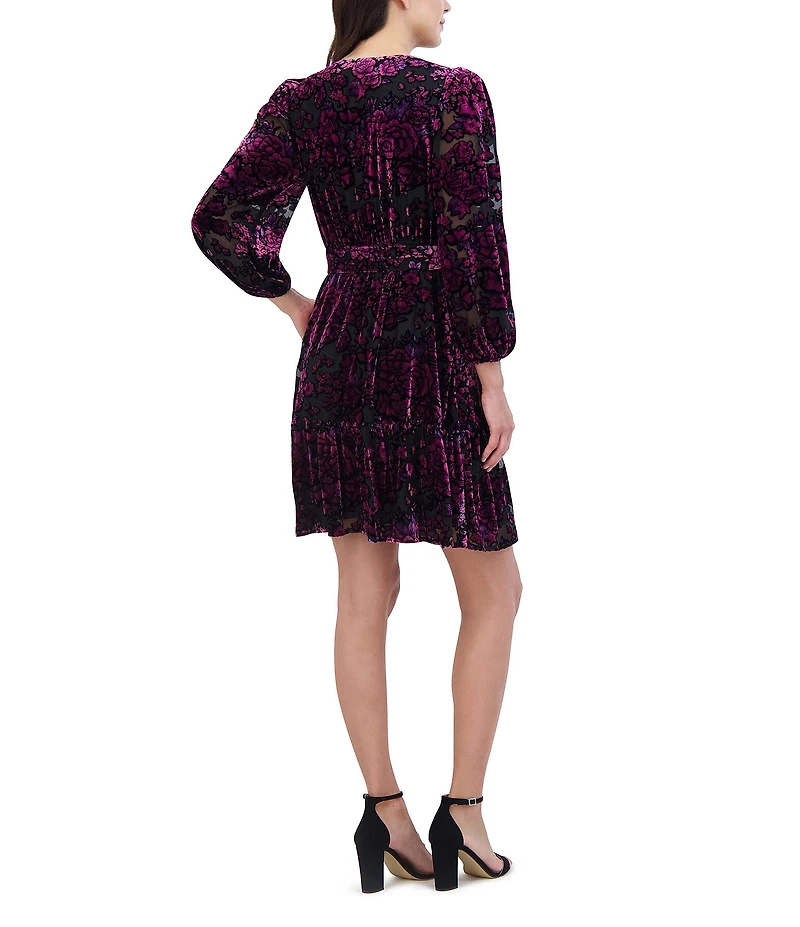 Eliza J V-Neck Burnout Velvet Ruffle Fit & Flare Mini Dress