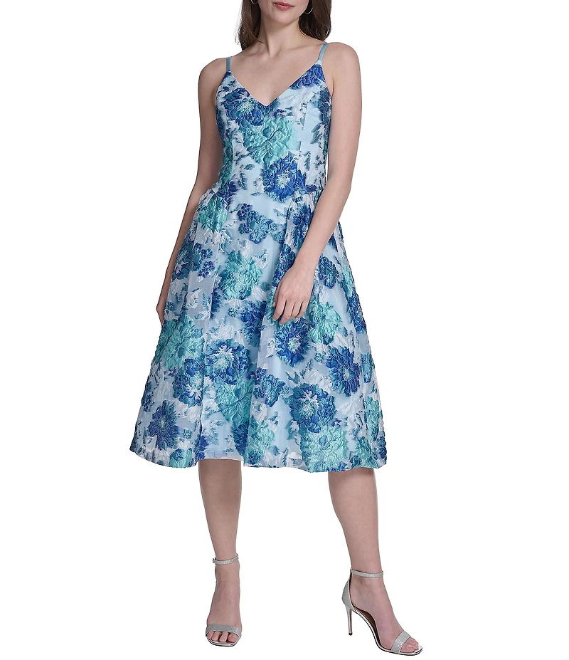 Eliza J V Neck Floral Burnout Organza Midi Dress