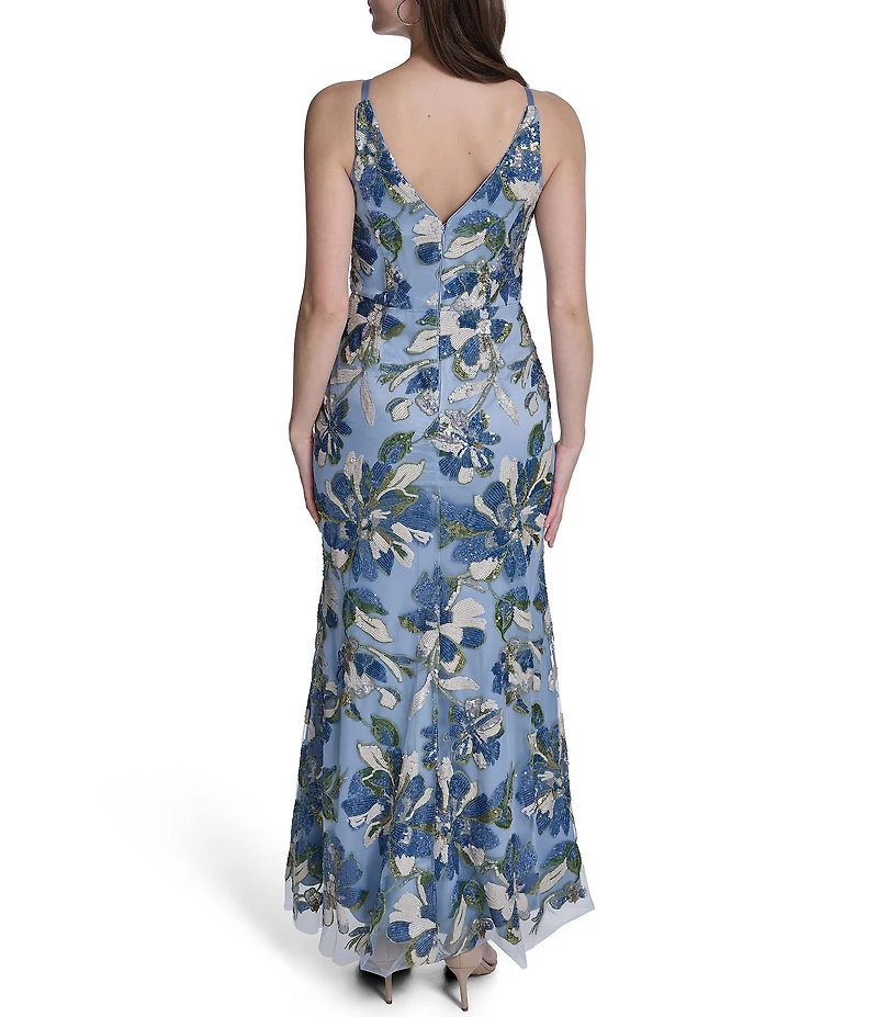 Eliza J V Neck Floral Sequin Mesh Mermaid Gown