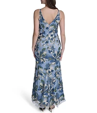 Eliza J V Neck Floral Sequin Mesh Mermaid Gown