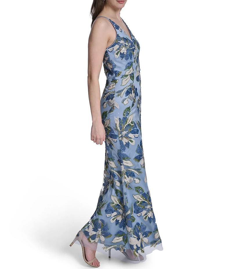 Eliza J V Neck Floral Sequin Mesh Mermaid Gown