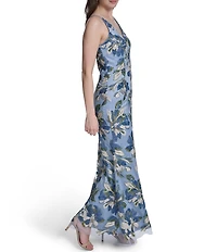 Eliza J V Neck Floral Sequin Mesh Mermaid Gown