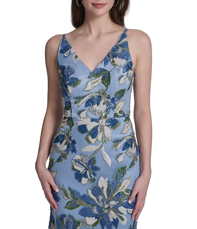 Eliza J V Neck Floral Sequin Mesh Mermaid Gown