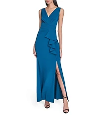 Eliza J V-Neck Pleated Waist Ruffle Skirt Slit Mermaid Gown