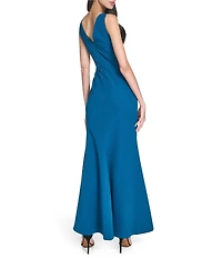 Eliza J V-Neck Pleated Waist Ruffle Skirt Slit Mermaid Gown