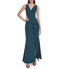 Eliza J V-Neck Pleated Waist Ruffle Skirt Slit Mermaid Gown