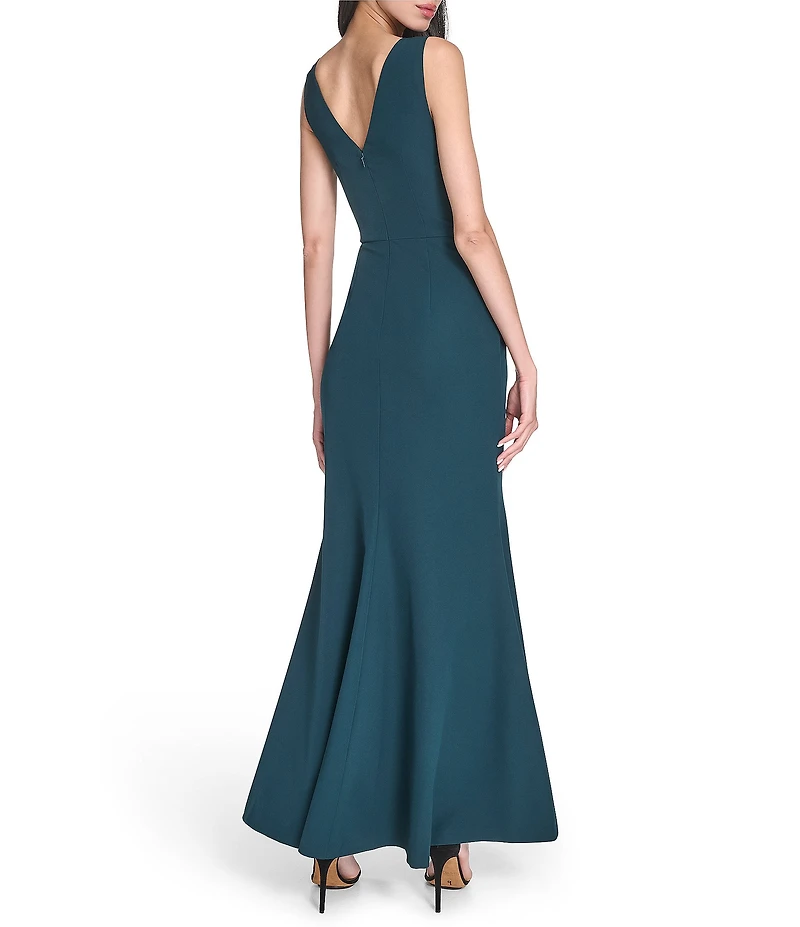 Eliza J V-Neck Pleated Waist Ruffle Skirt Slit Mermaid Gown