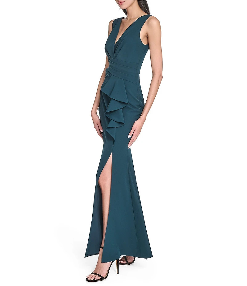 Eliza J V-Neck Pleated Waist Ruffle Skirt Slit Mermaid Gown
