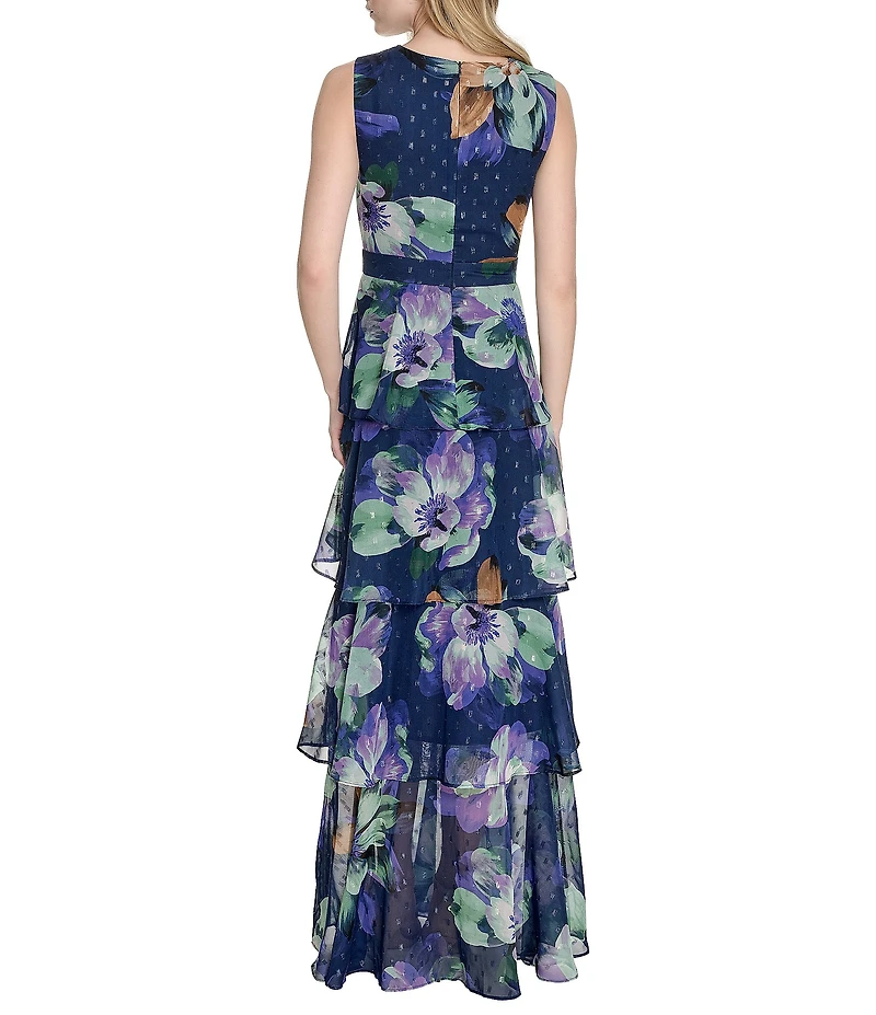 Eliza J V-Neck Sleeveless Floral Print Metallic Clip Dot Chiffon Tiered Maxi Dress
