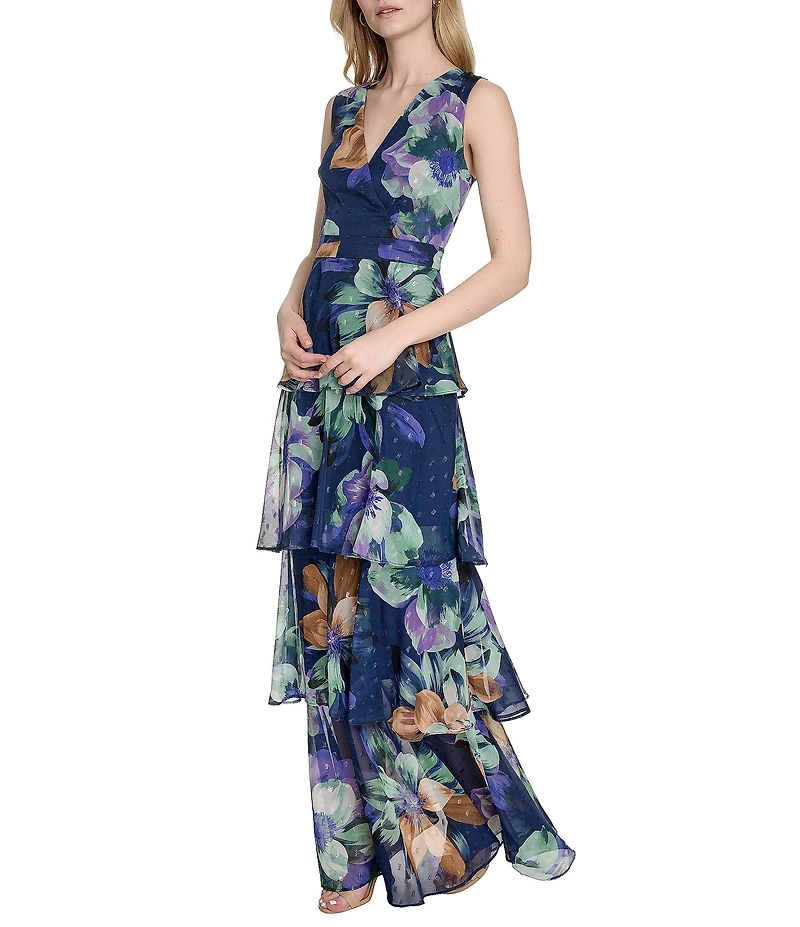Eliza J V-Neck Sleeveless Floral Print Metallic Clip Dot Chiffon Tiered Maxi Dress