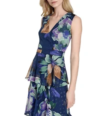 Eliza J V-Neck Sleeveless Floral Print Metallic Clip Dot Chiffon Tiered Maxi Dress