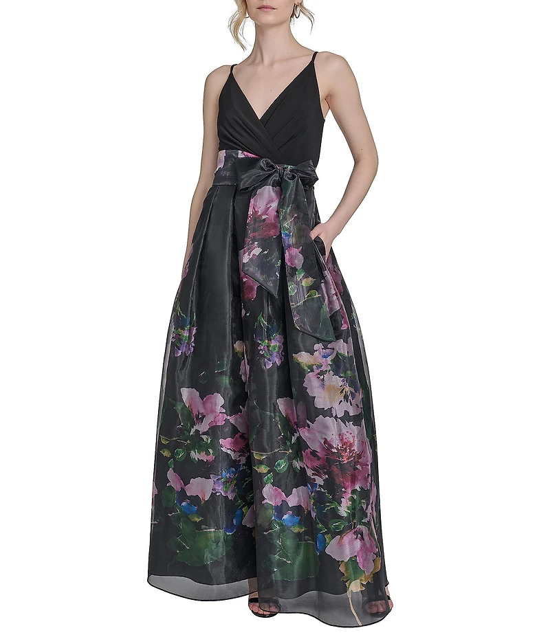 Eliza J V-Neck Sleeveless Floral Print Organza Ball Gown