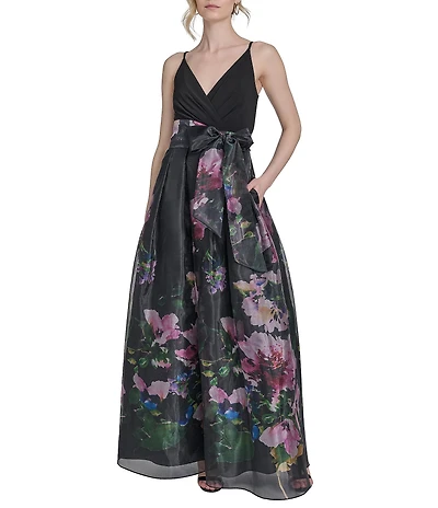 Eliza J V-Neck Sleeveless Floral Print Organza Ball Gown