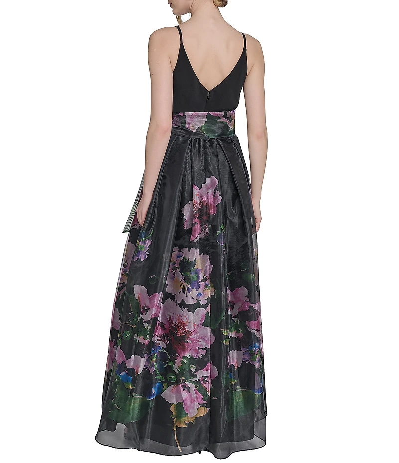 Eliza J V-Neck Sleeveless Floral Print Organza Ball Gown