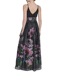 Eliza J V-Neck Sleeveless Floral Print Organza Ball Gown