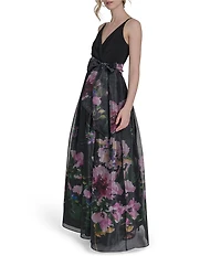 Eliza J V-Neck Sleeveless Floral Print Organza Ball Gown