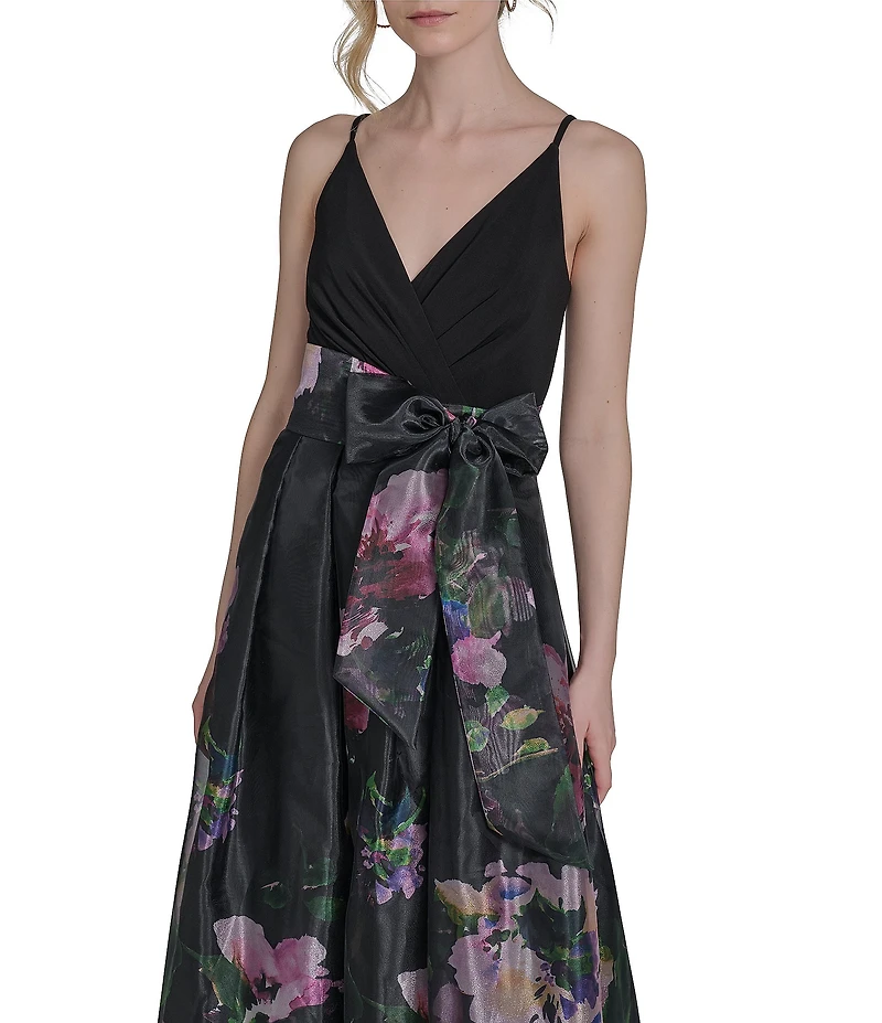 Eliza J V-Neck Sleeveless Floral Print Organza Ball Gown