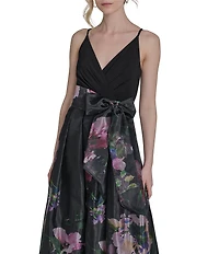 Eliza J V-Neck Sleeveless Floral Print Organza Ball Gown