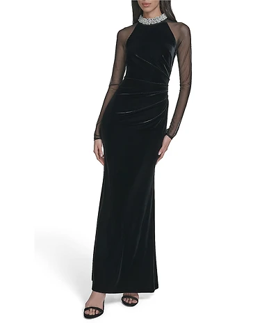 Eliza J Velvet Mesh Long Embellished Gown