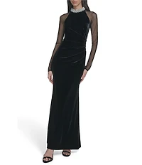 Eliza J Velvet Mesh Long Embellished Gown