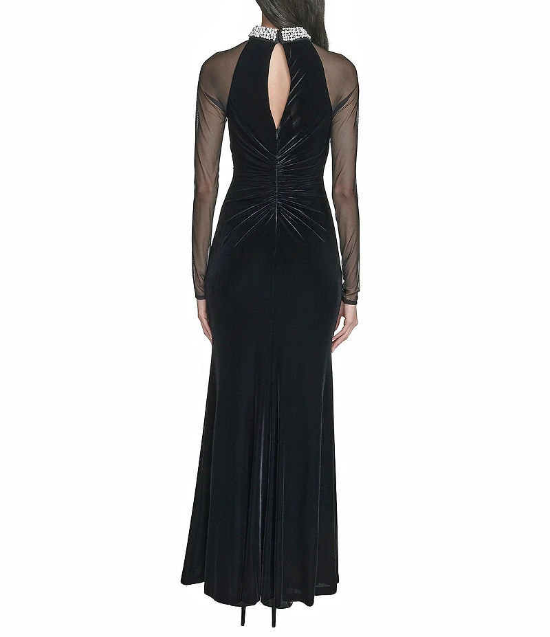 Eliza J Velvet Mesh Long Embellished Gown