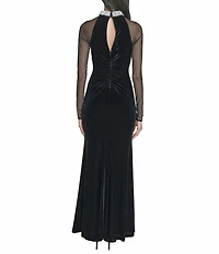 Eliza J Velvet Mesh Long Embellished Gown