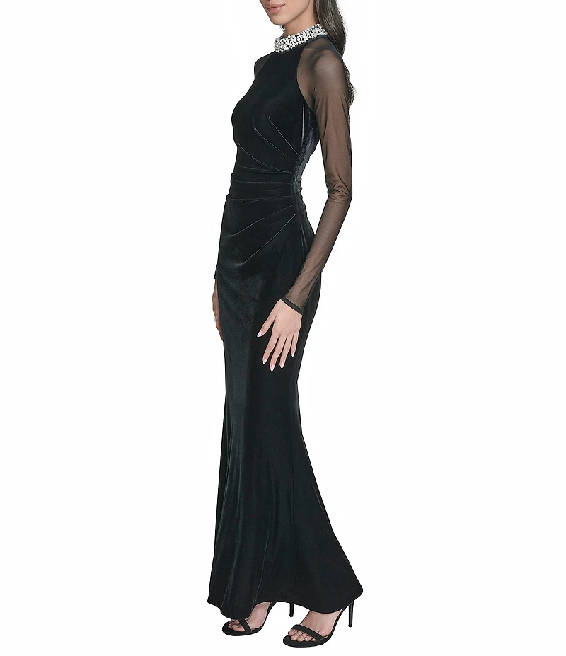Eliza J Velvet Mesh Long Embellished Gown