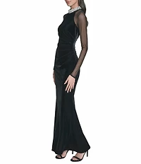 Eliza J Velvet Mesh Long Embellished Gown