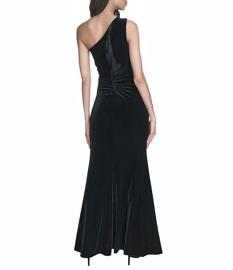 Eliza J Velvet One Shoulder Side Tuck 3D Floral Applique Gown