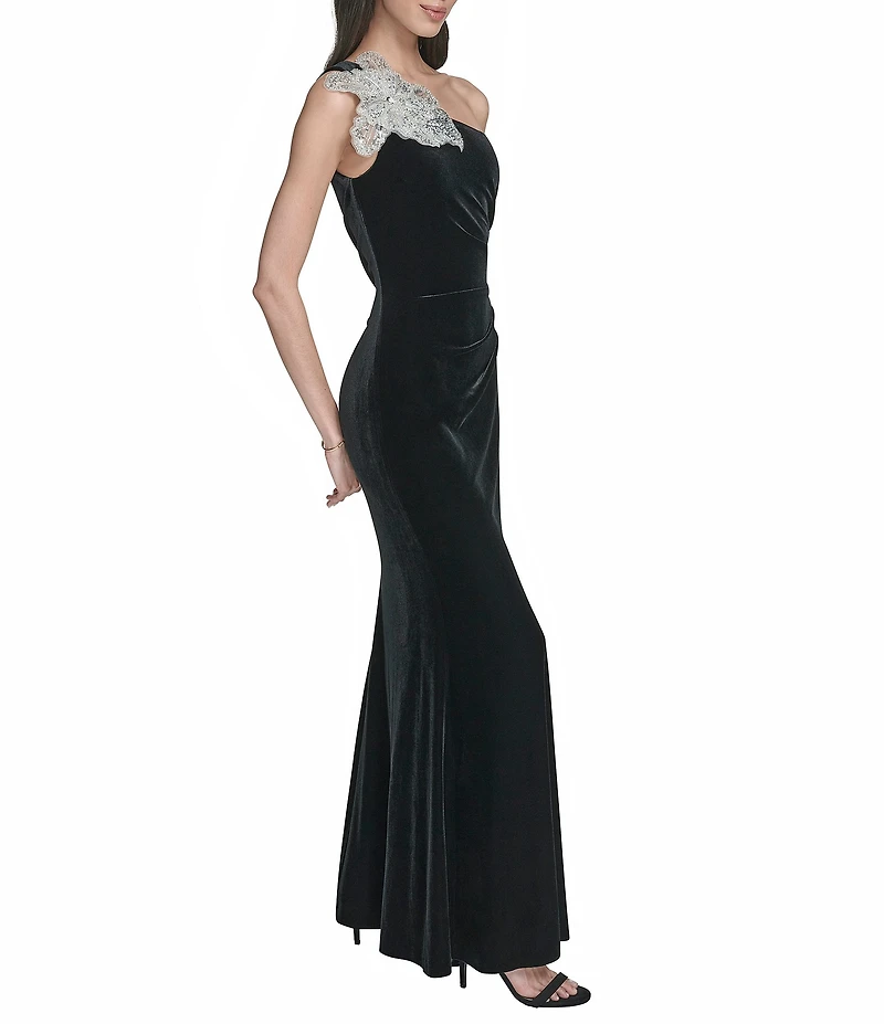 Eliza J Velvet One Shoulder Side Tuck 3D Floral Applique Gown