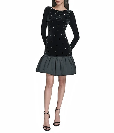 Eliza J Velvet Pearl Studded Bubble Hem Dress