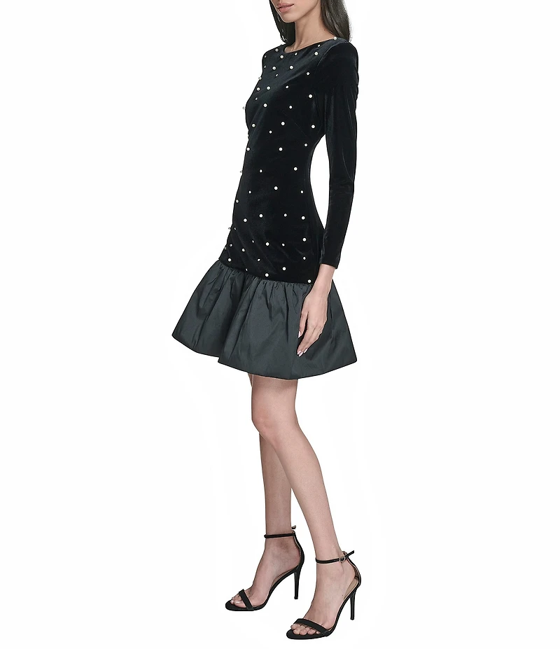 Eliza J Velvet Pearl Studded Bubble Hem Dress