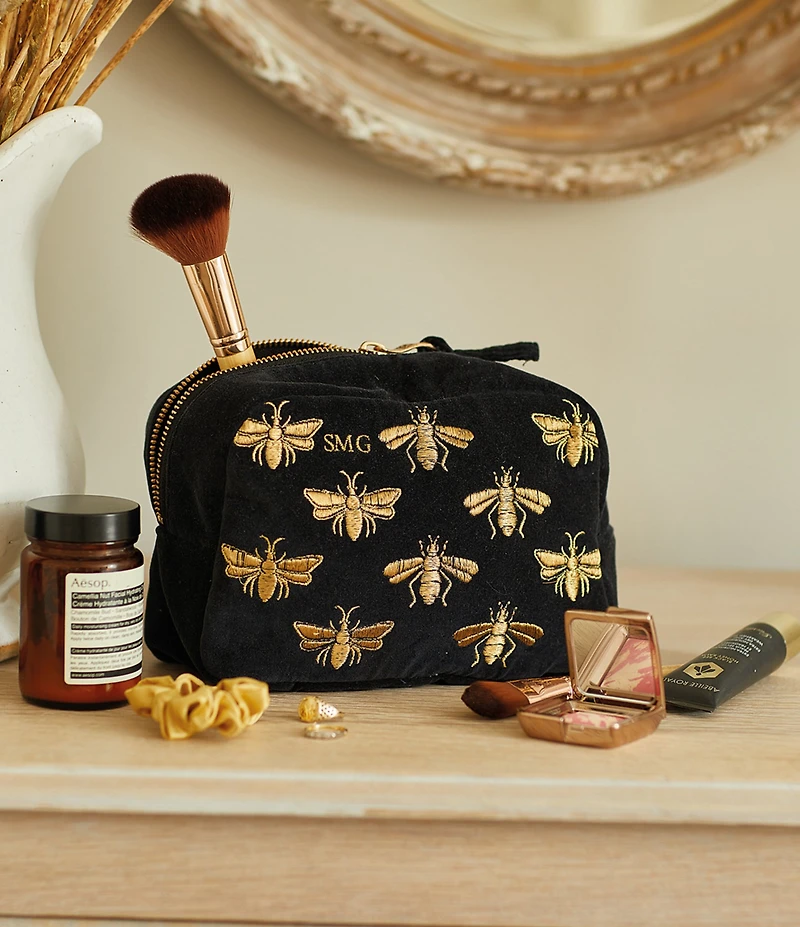 Elizabeth Scarlett Honey Bee Charcoal Velvet Cosmetics Bag Makeup