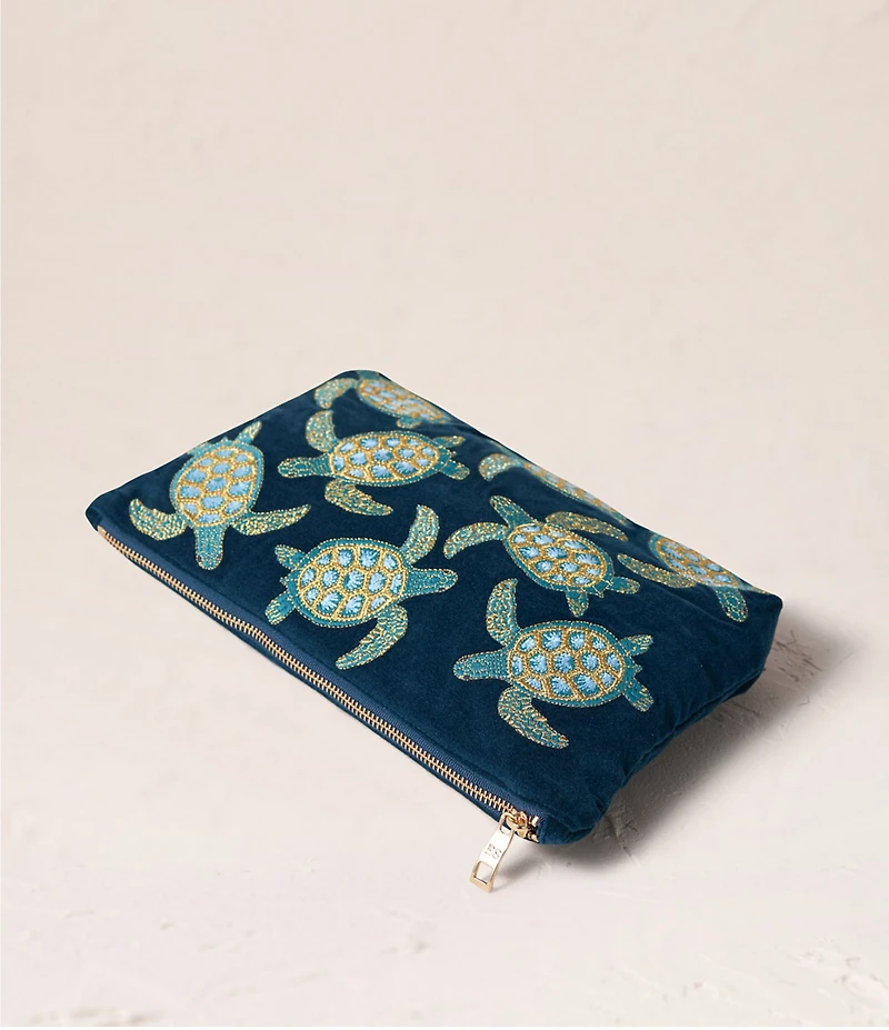 Elizabeth Scarlett Turtle Conservation Marine Navy Velvet Everyday Pouch