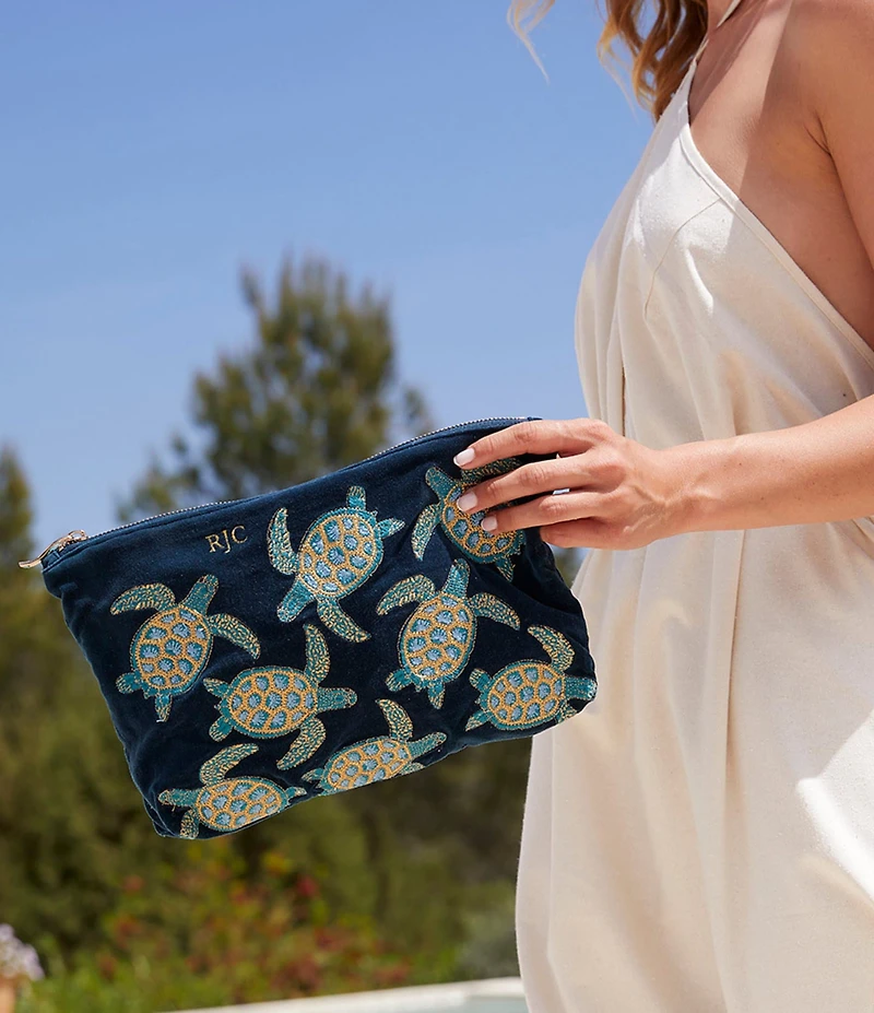 Elizabeth Scarlett Turtle Conservation Marine Navy Velvet Everyday Pouch