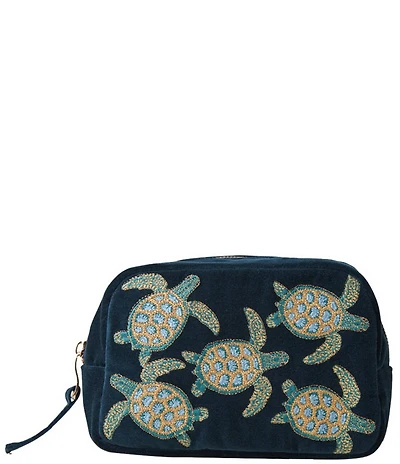 Elizabeth Scarlett Turtle Conservation Marine Navy Velvet Makeup Bag