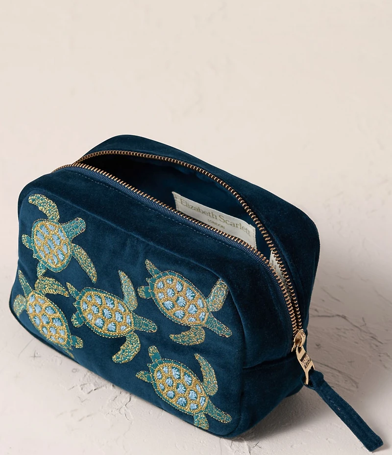 Elizabeth Scarlett Turtle Conservation Marine Navy Velvet Makeup Bag