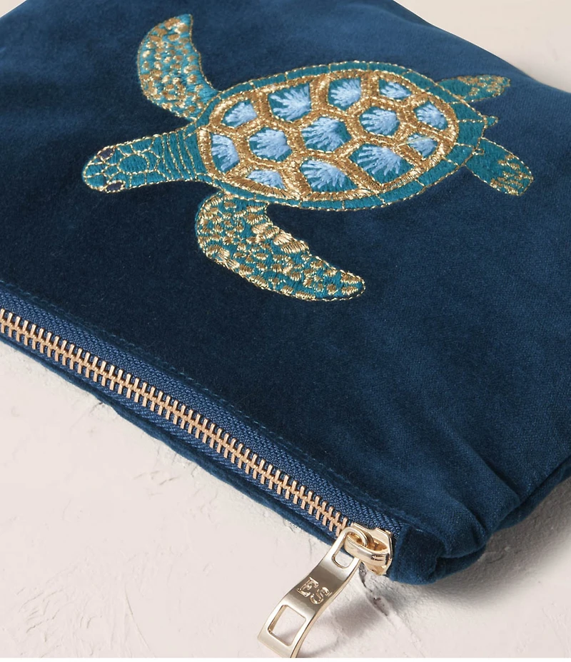 Elizabeth Scarlett Turtle Conservation Marine Navy Velvet Mini Pouch