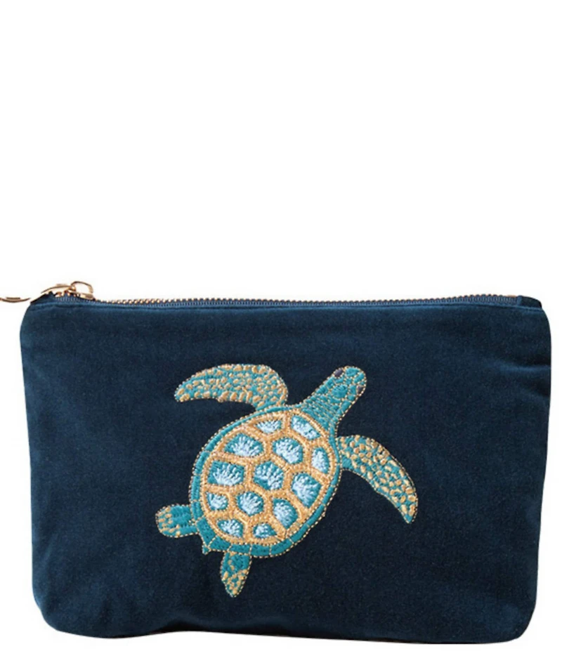 Elizabeth Scarlett Turtle Conservation Marine Navy Velvet Mini Pouch